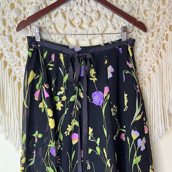 Vintage 90s Y2K A-Line Mini Skirt 100% Silk Black Spring Floral A-line 10 - Picture 3 of 8